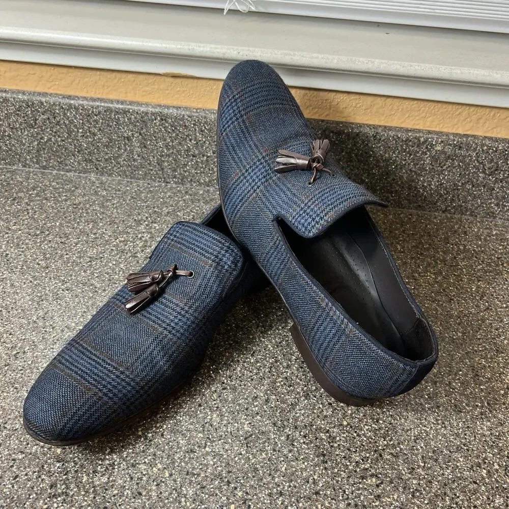 Paul Fredrick Leather Tassel Loafer Mens 13M Navy Brown Plaid Tweed Slip On Shoe